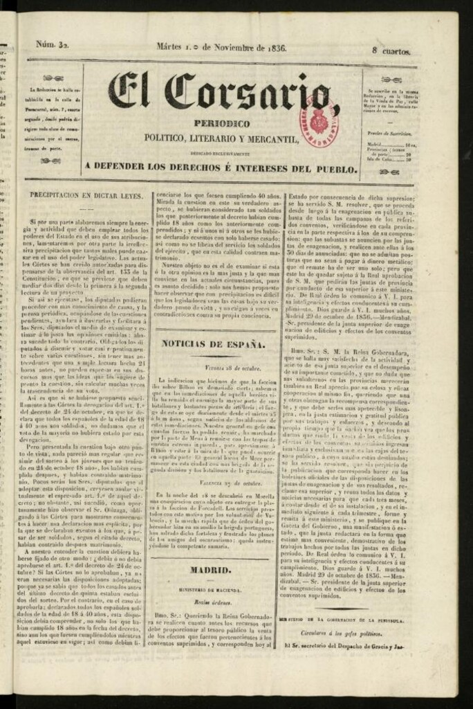 Miniatura de El Corsario : periódico político, literario y mercantil del 1 de noviembre de 1836, nº 32