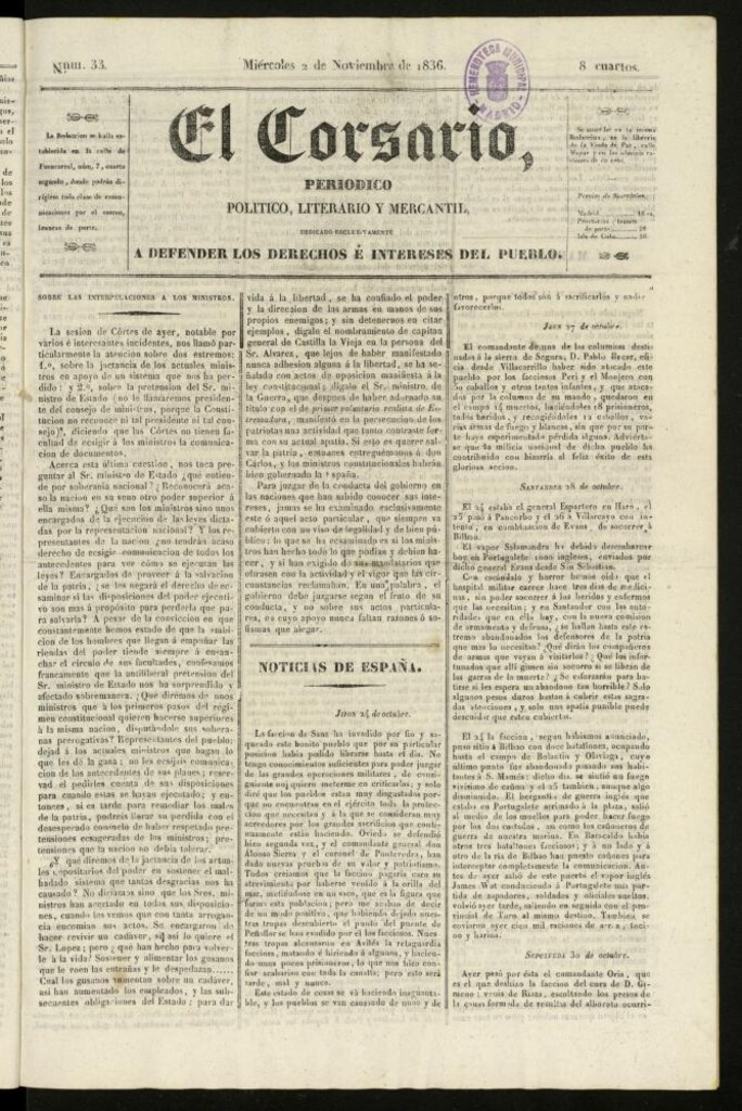 Miniatura de El Corsario : periódico político, literario y mercantil del 2 de noviembre de 1836, nº 33