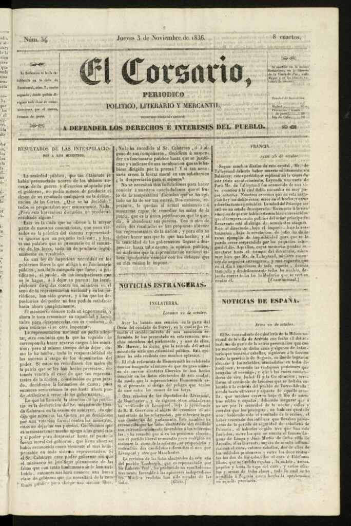 Miniatura de El Corsario : periódico político, literario y mercantil del 3 de noviembre de 1836, nº 34