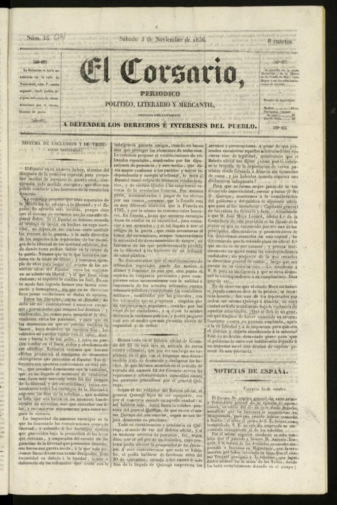 Miniatura de El Corsario : periódico político, literario y mercantil del 5 de noviembre de 1836, nº 35 [sic]