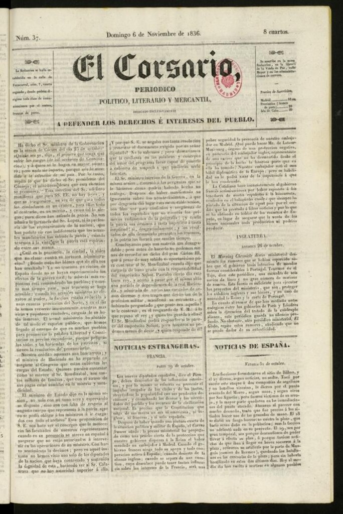 Miniatura de El Corsario : periódico político, literario y mercantil del 6 de noviembre de 1836, nº 37