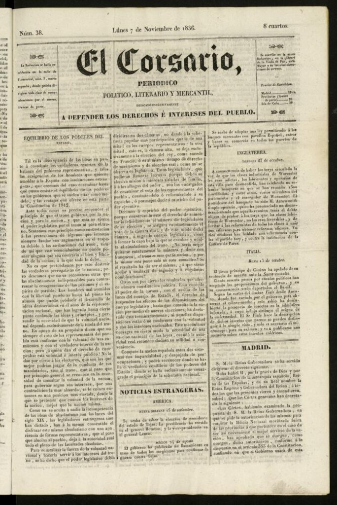 Miniatura de El Corsario : periódico político, literario y mercantil del 7 de noviembre de 1836, nº 38