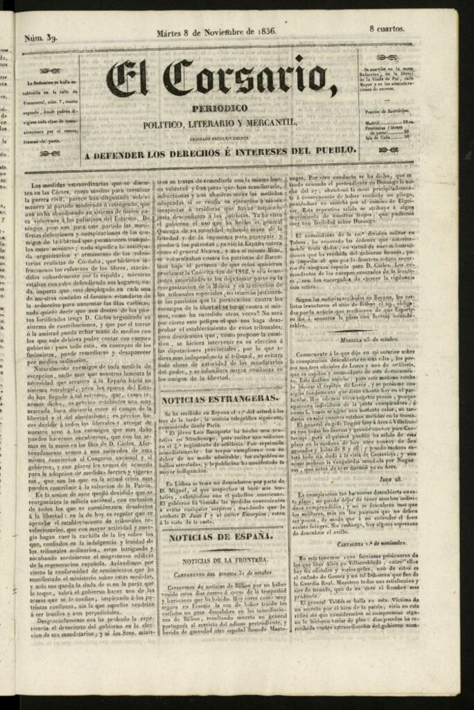 Miniatura de El Corsario : periódico político, literario y mercantil del 8 de noviembre de 1836, nº 39