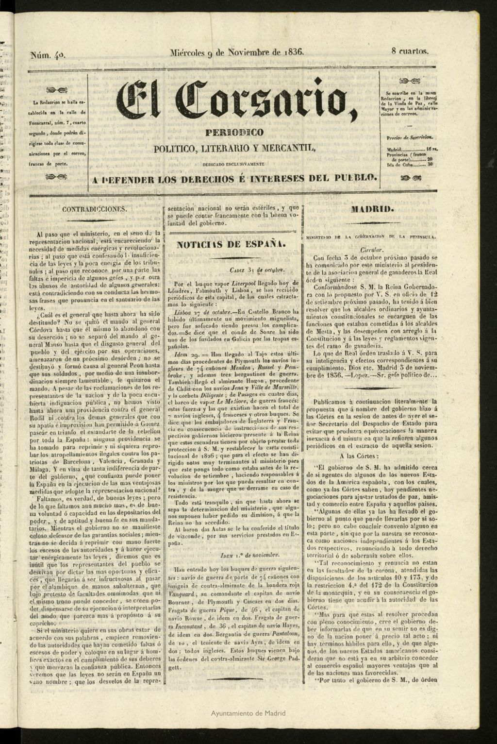 Miniatura de El Corsario : periódico político, literario y mercantil del 9 de noviembre de 1836, nº 40