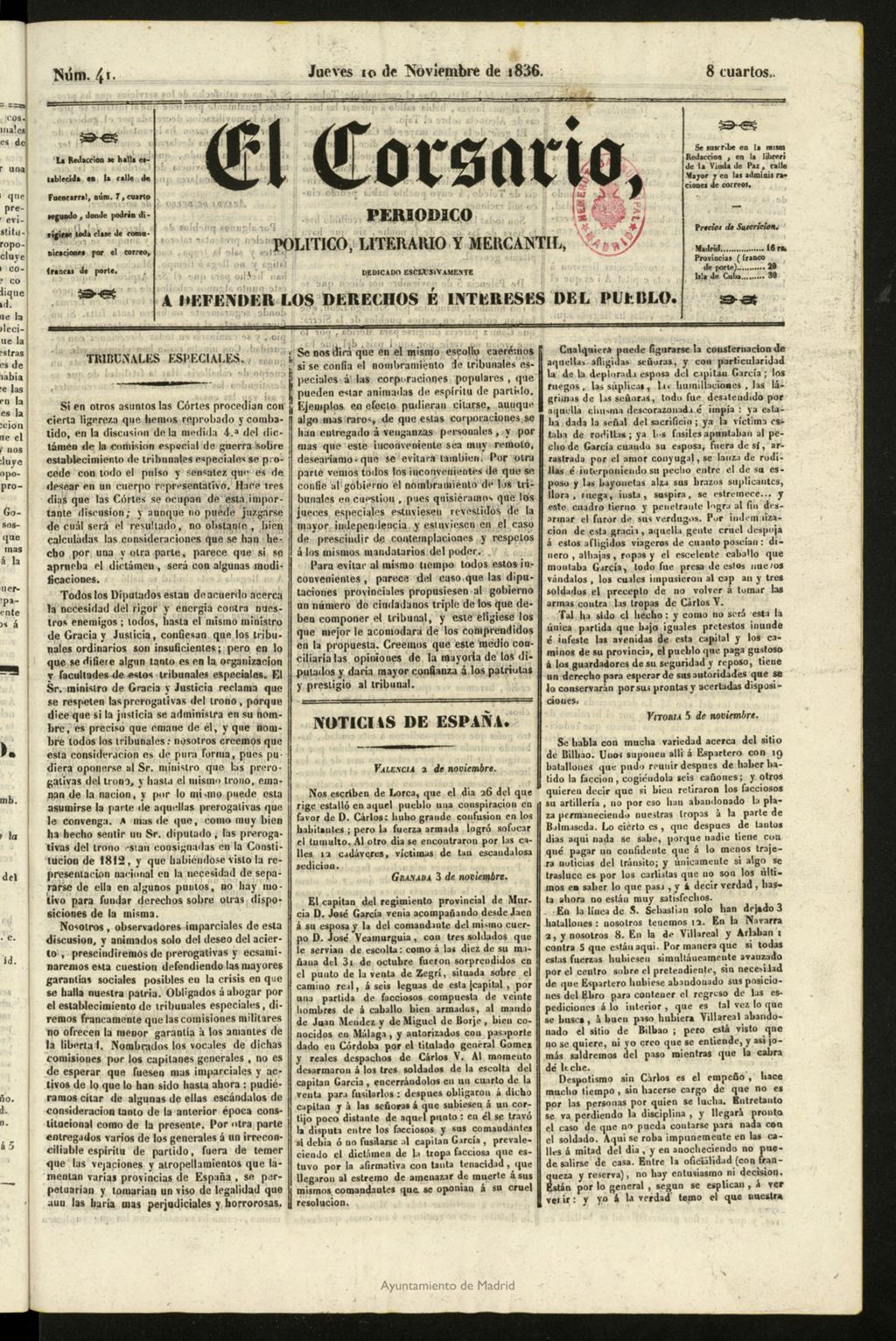 Miniatura de El Corsario : periódico político, literario y mercantil del 10 de noviembre de 1836, nº 41