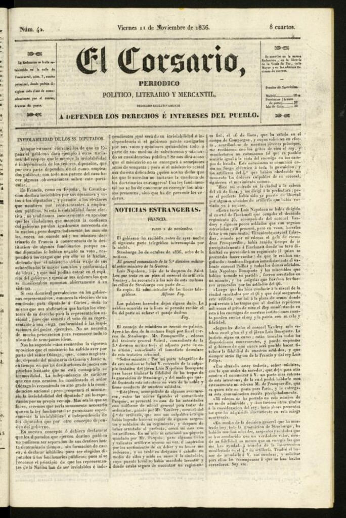 Miniatura de El Corsario : periódico político, literario y mercantil del 11 de noviembre de 1836, nº 42