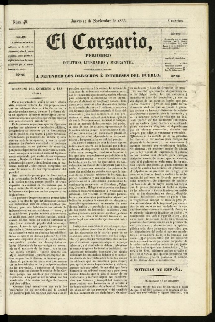 Miniatura de El Corsario : periódico político, literario y mercantil del 17 de noviembre de 1836, nº 48