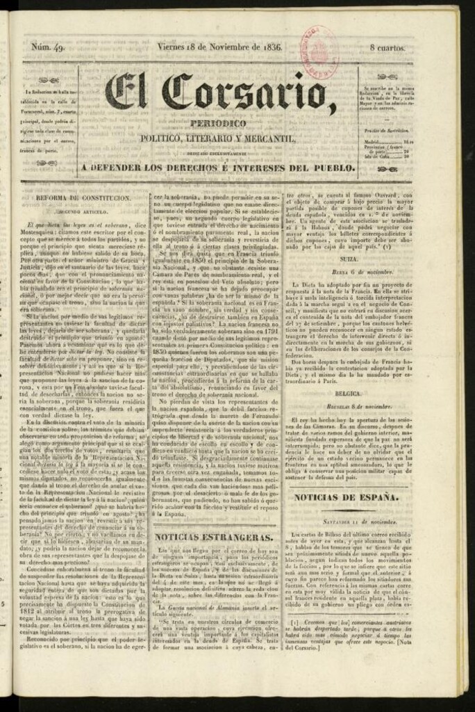 Miniatura de El Corsario : periódico político, literario y mercantil del 18 de noviembre de 1836, nº 49