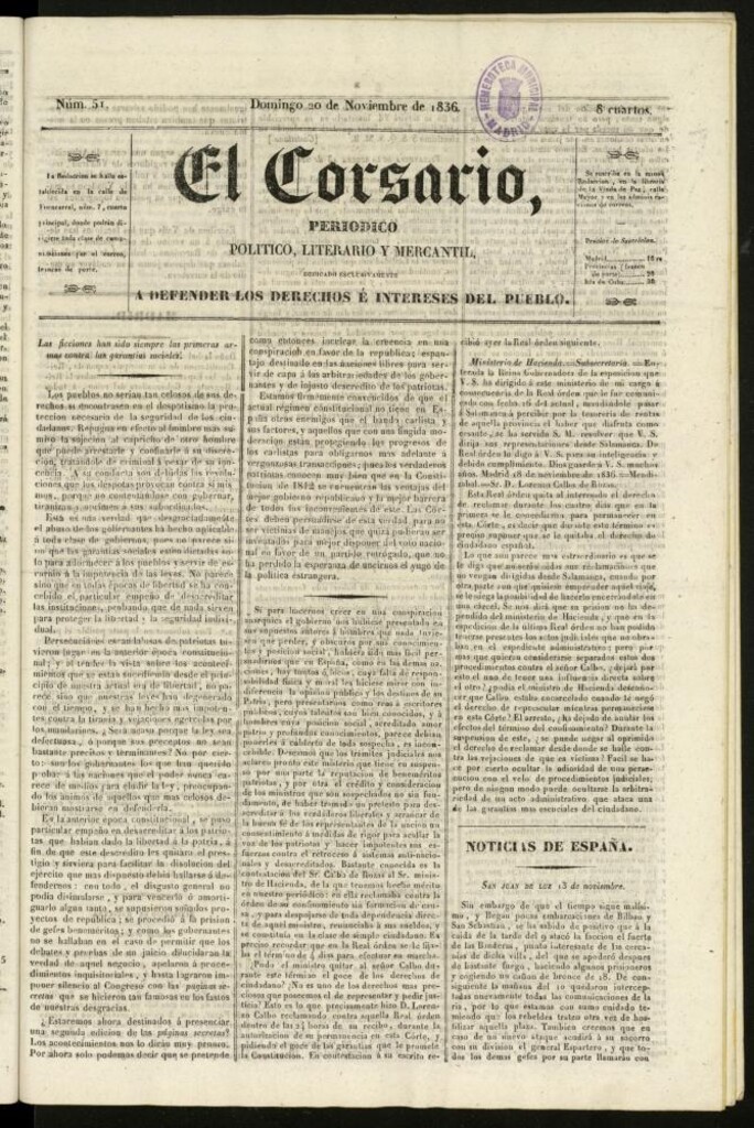 Miniatura de El Corsario : periódico político, literario y mercantil del 20 de noviembre de 1836, nº 51