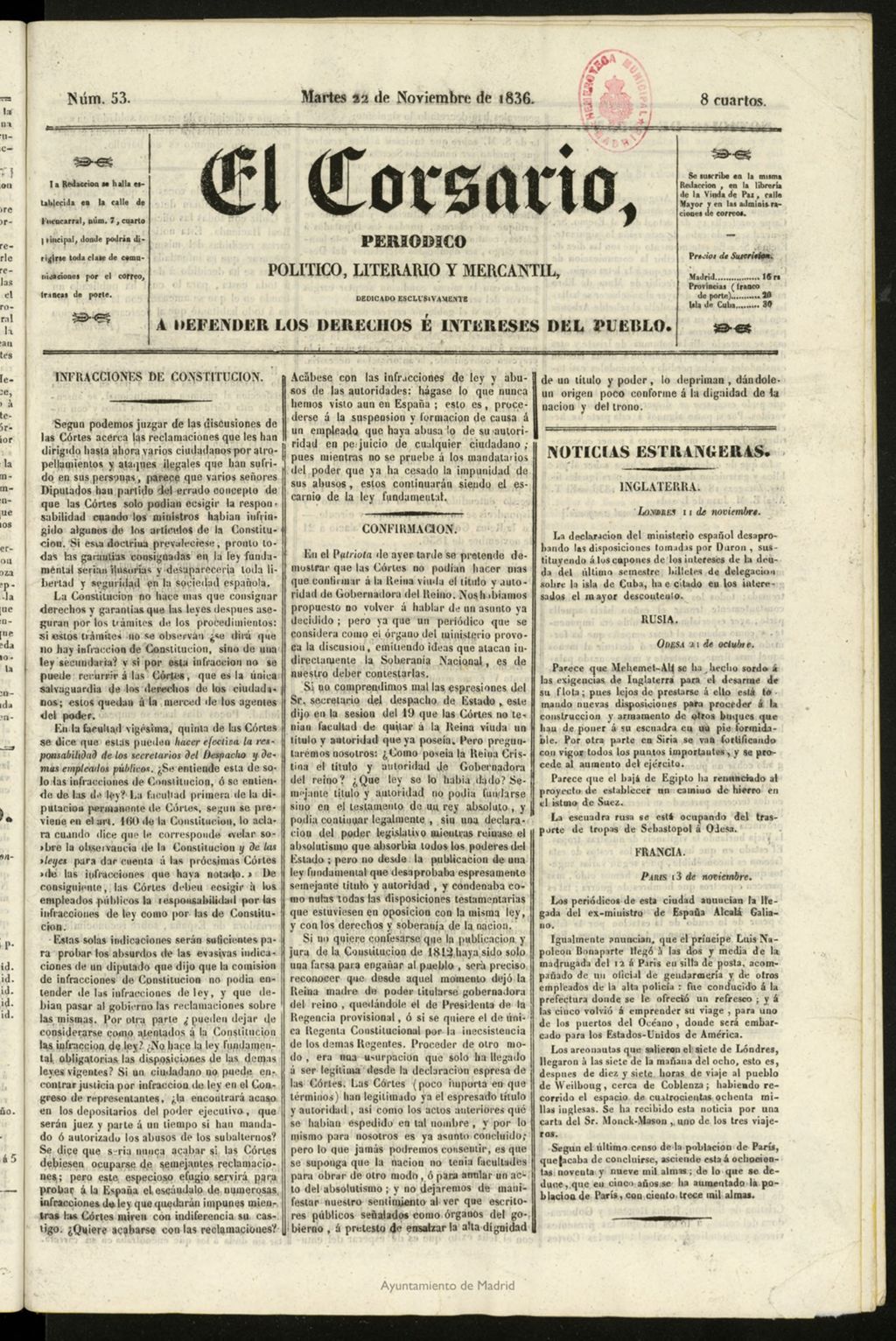 Miniatura de El Corsario : periódico político, literario y mercantil del 22 de noviembre de 1836, nº 53