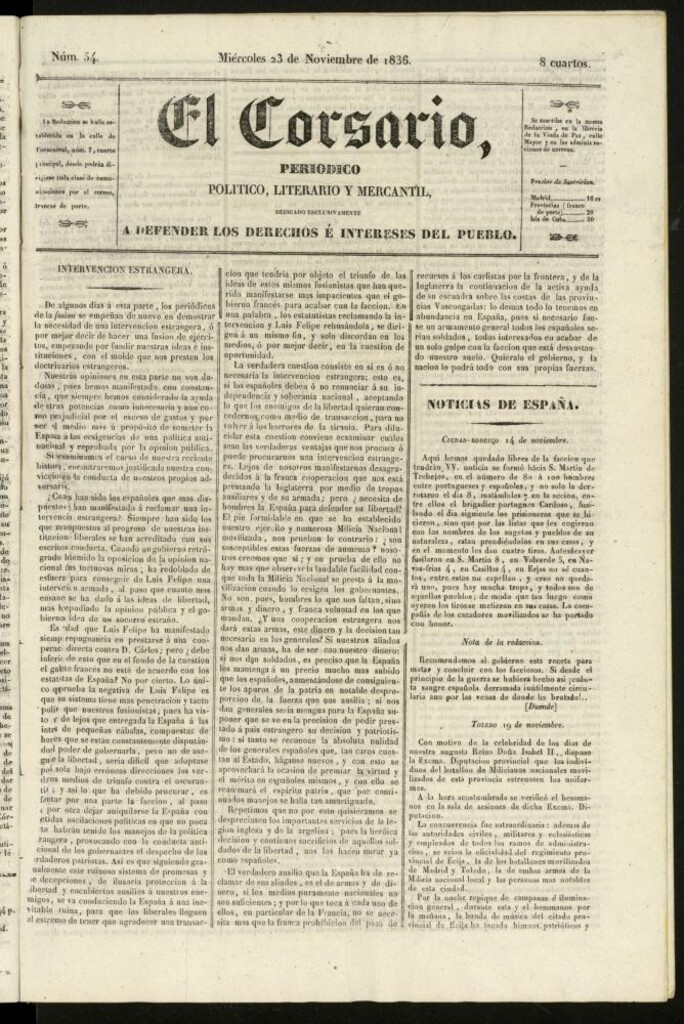 Miniatura de El Corsario : periódico político, literario y mercantil del 23 de noviembre de 1836, nº 54