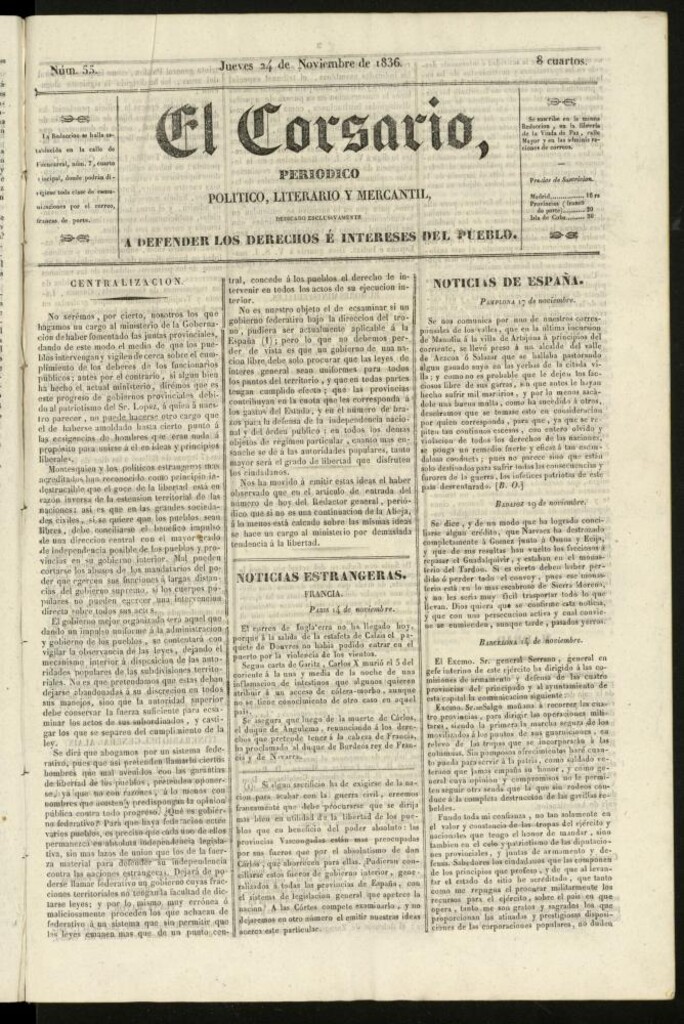 Miniatura de El Corsario : periódico político, literario y mercantil del 24 de noviembre de 1836, nº 55