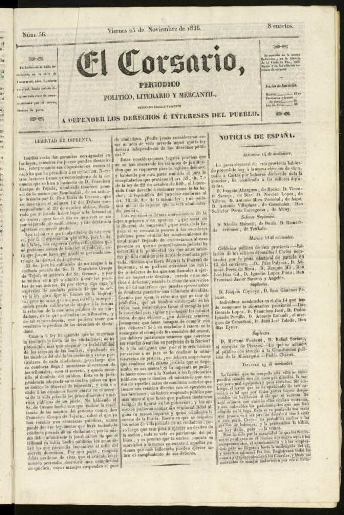 Miniatura de El Corsario : periódico político, literario y mercantil del 25 de noviembre de 1836, nº 56