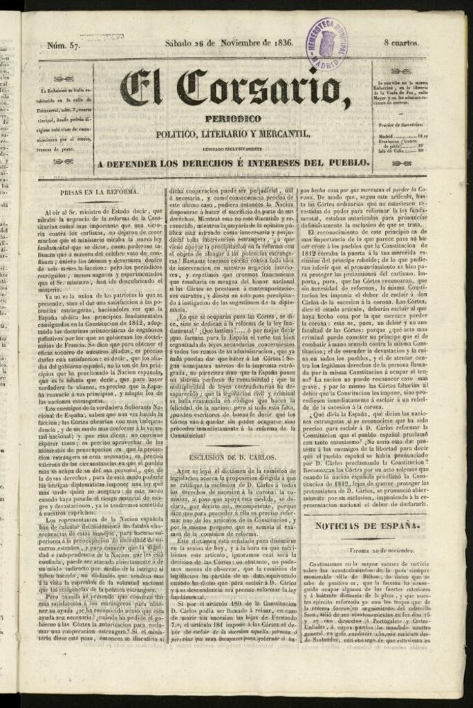 Miniatura de El Corsario : periódico político, literario y mercantil del 26 de noviembre de 1836, nº 57