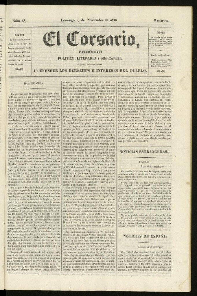 Miniatura de El Corsario : periódico político, literario y mercantil del 27 de noviembre de 1836, nº 58