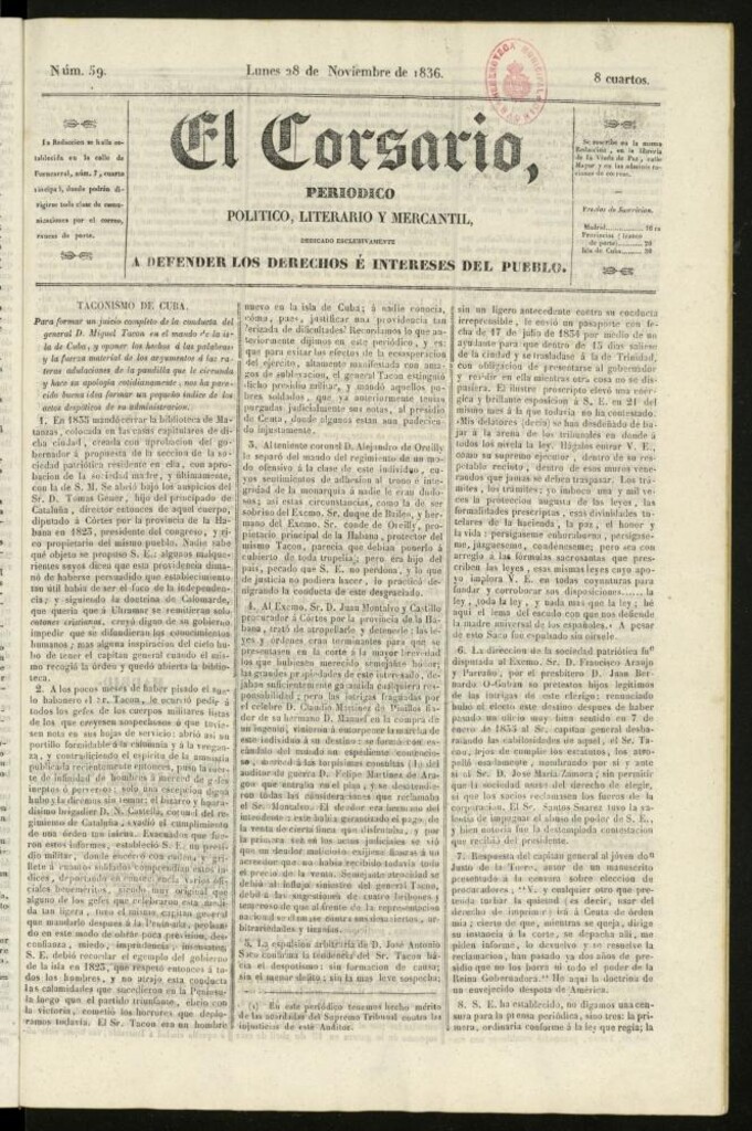 Miniatura de El Corsario : periódico político, literario y mercantil del 28 de noviembre de 1836, nº 59