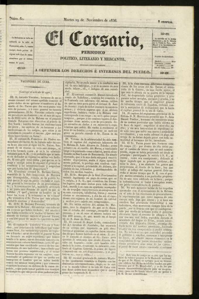 Miniatura de El Corsario : periódico político, literario y mercantil del 29 de noviembre de 1836, nº 60