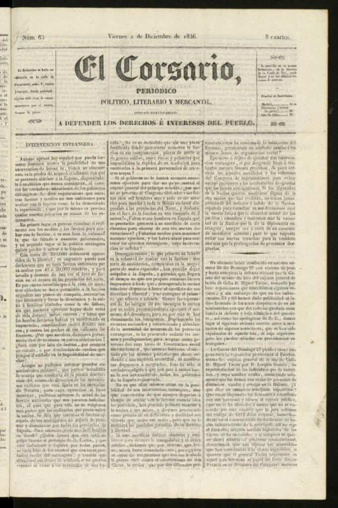 Miniatura de El Corsario : periódico político, literario y mercantil del 2 de diciembre de 1836, nº 63
