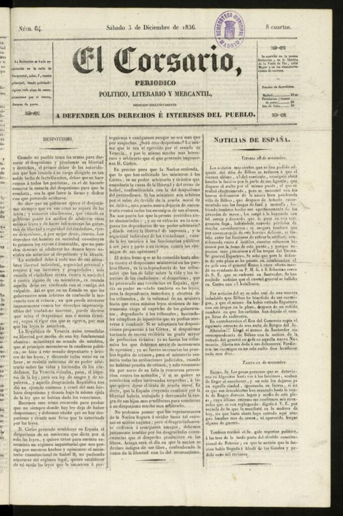 Miniatura de El Corsario : periódico político, literario y mercantil del 3 de diciembre de 1836, nº 64