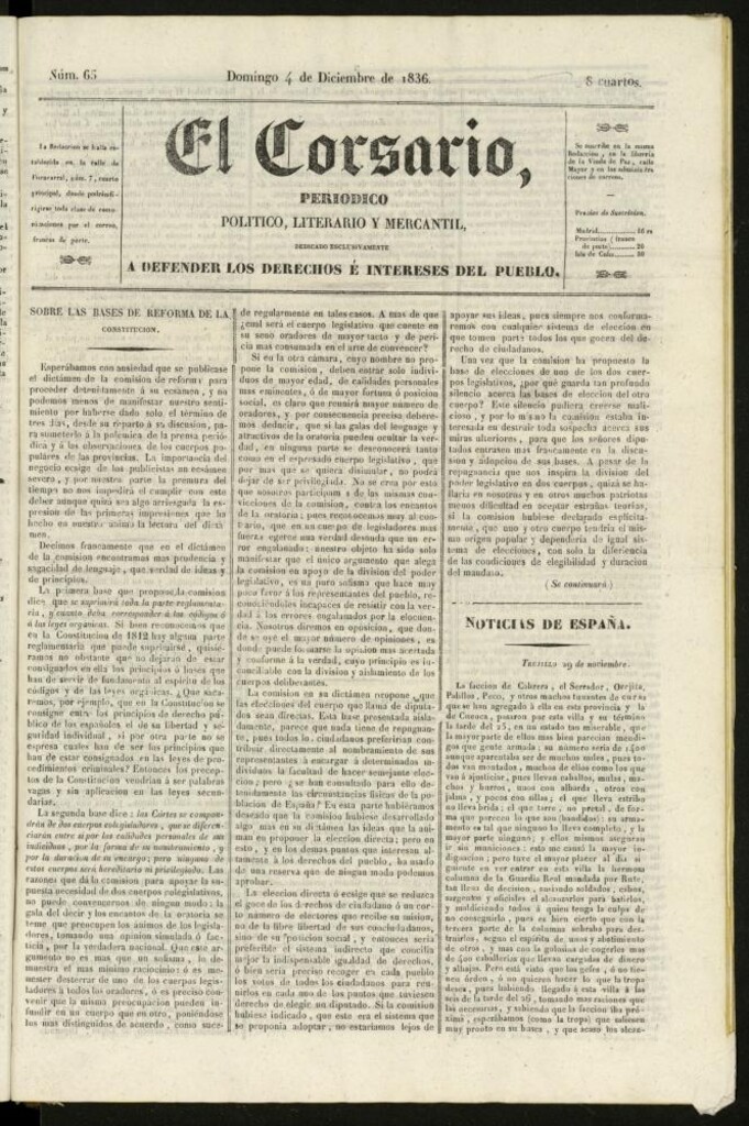 Miniatura de El Corsario : periódico político, literario y mercantil del 4 de diciembre de 1836, nº 65