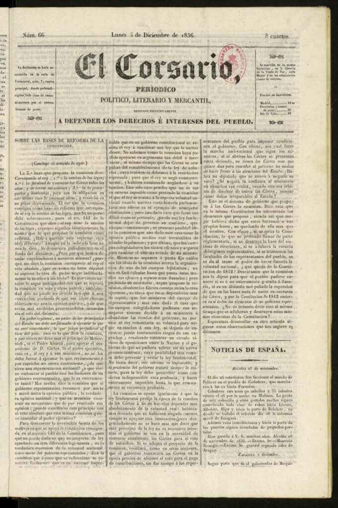 Miniatura de El Corsario : periódico político, literario y mercantil del 5 de diciembre de 1836, nº 66