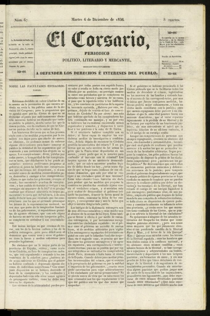Miniatura de El Corsario : periódico político, literario y mercantil del 6 de diciembre de 1836, nº 67