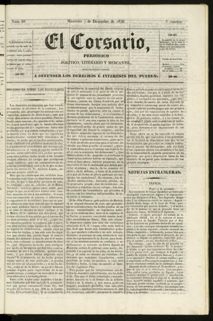 Miniatura de El Corsario : periódico político, literario y mercantil del 7 de diciembre de 1836, nº 68