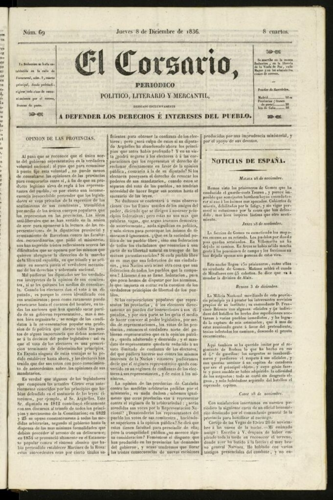 Miniatura de El Corsario : periódico político, literario y mercantil del 8 de diciembre de 1836, nº 69