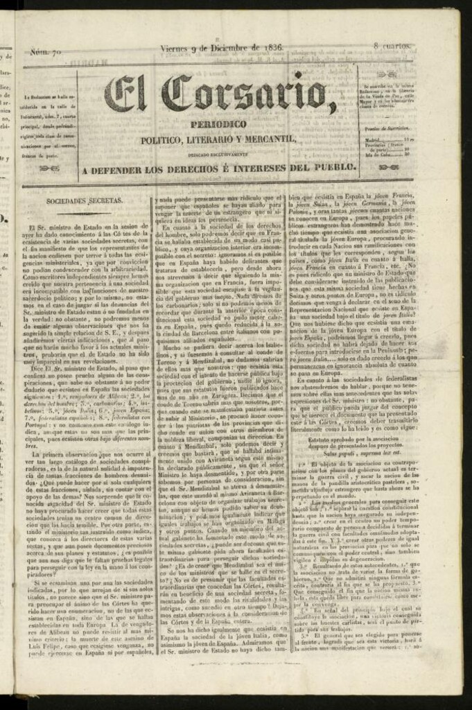 Miniatura de El Corsario : periódico político, literario y mercantil del 9 de diciembre de 1836, nº 70