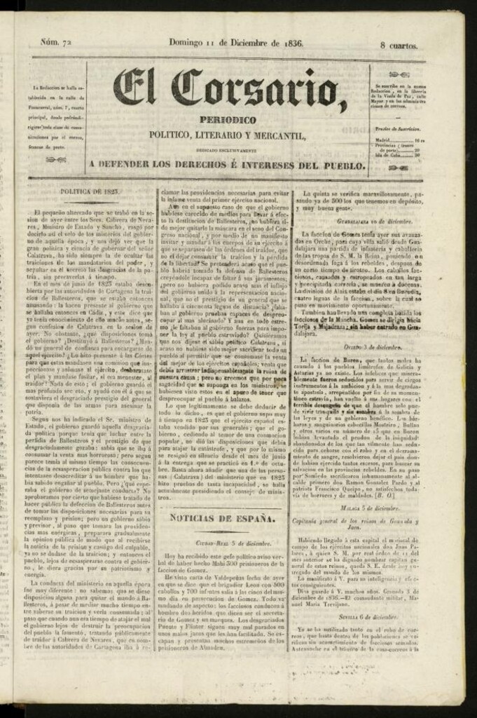 Miniatura de El Corsario : periódico político, literario y mercantil del 11 de diciembre de 1836, nº 72
