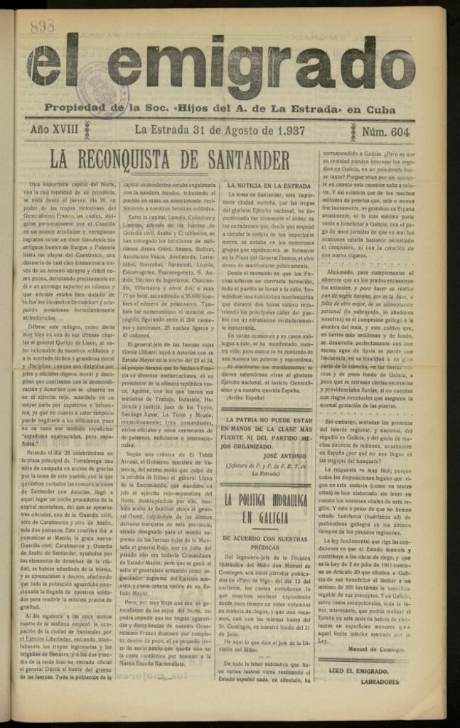 Miniatura de El Emigrado del 31 de agosto de 1937, nº 604