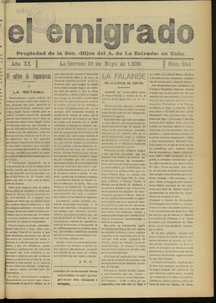 Miniatura de El Emigrado del 31 de mayo de 1939, nº 644