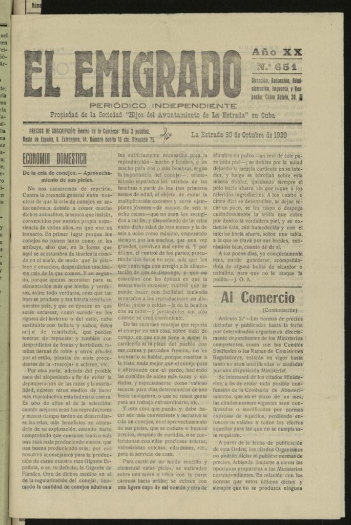 Miniatura de El Emigrado del 30 de octubre de 1939, nº 651