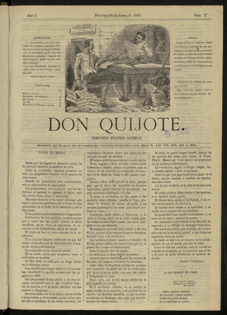 Miniatura de Don Quijote : periódico político satírico del 10 de enero de 1869, nº 2