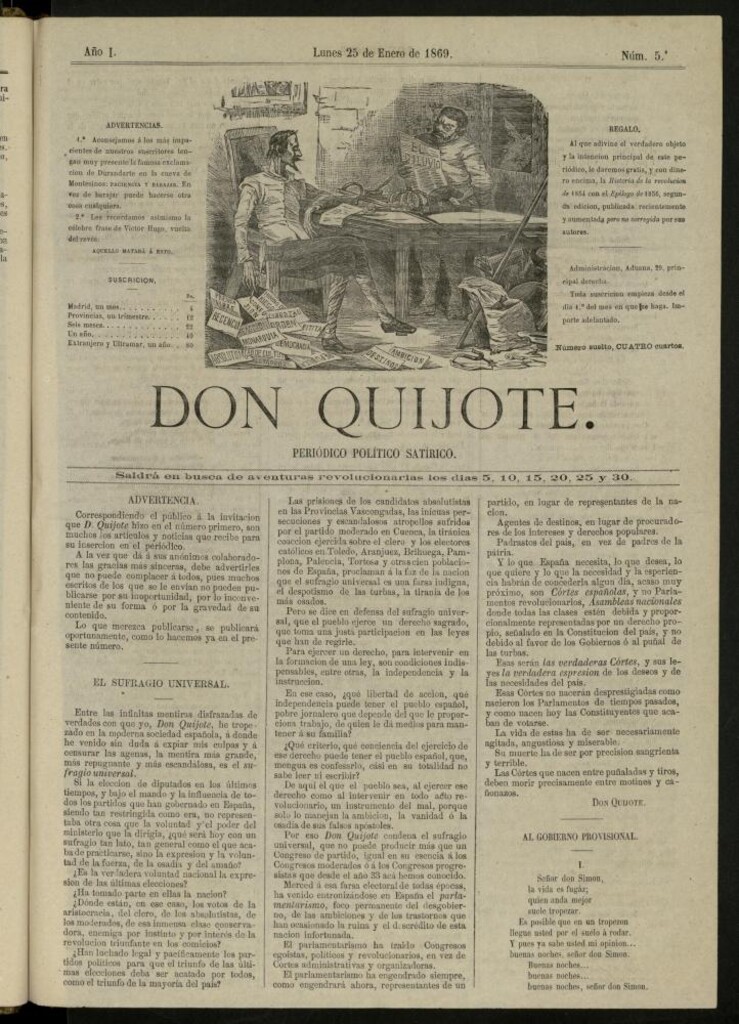 Miniatura de Don Quijote : periódico político satírico del 25 de enero de 1869, nº 5