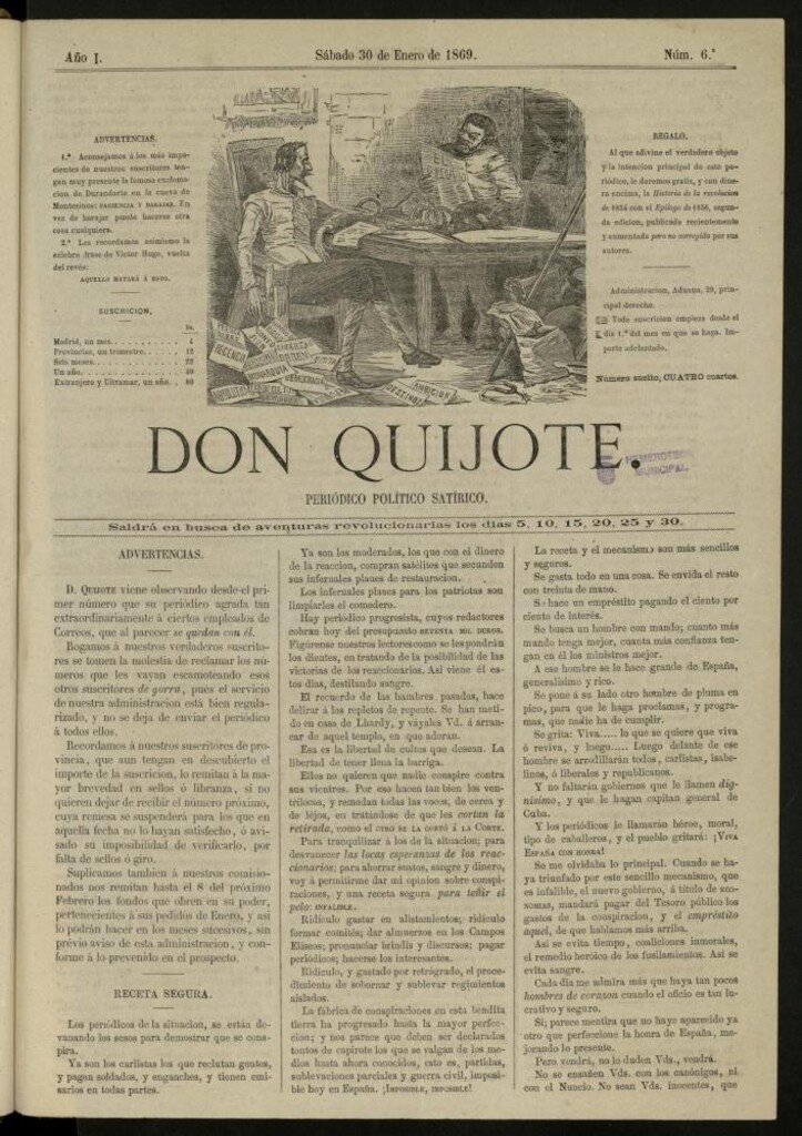 Miniatura de Don Quijote : periódico político satírico del 30 de enero de 1869, nº 6