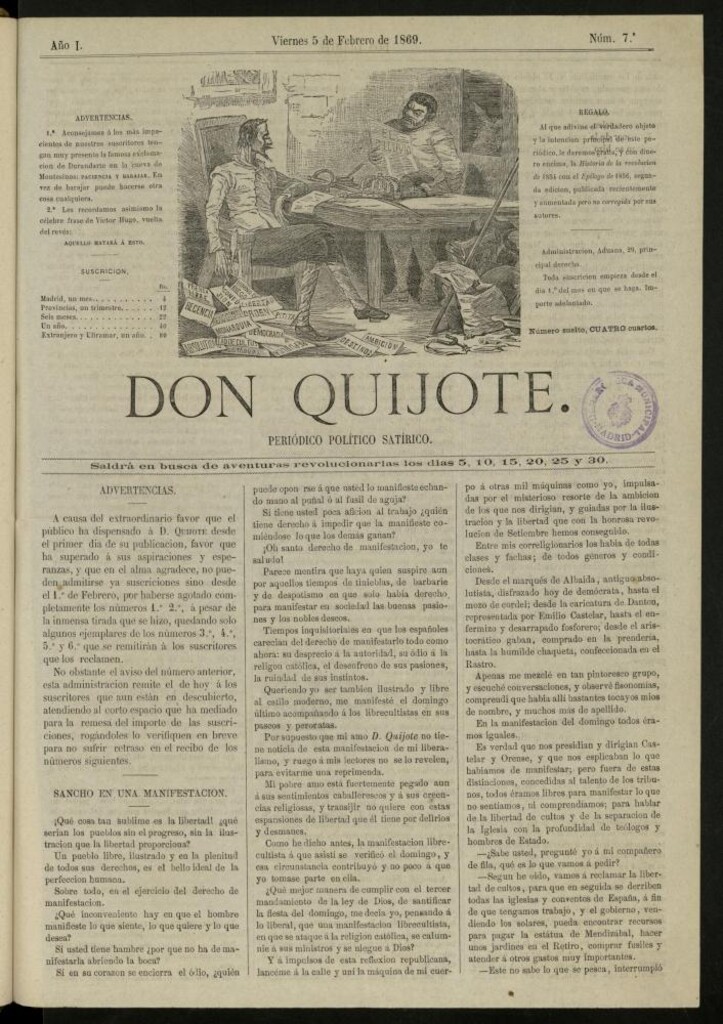 Miniatura de Don Quijote : periódico político satírico del 5 de febrero de 1869, nº 7
