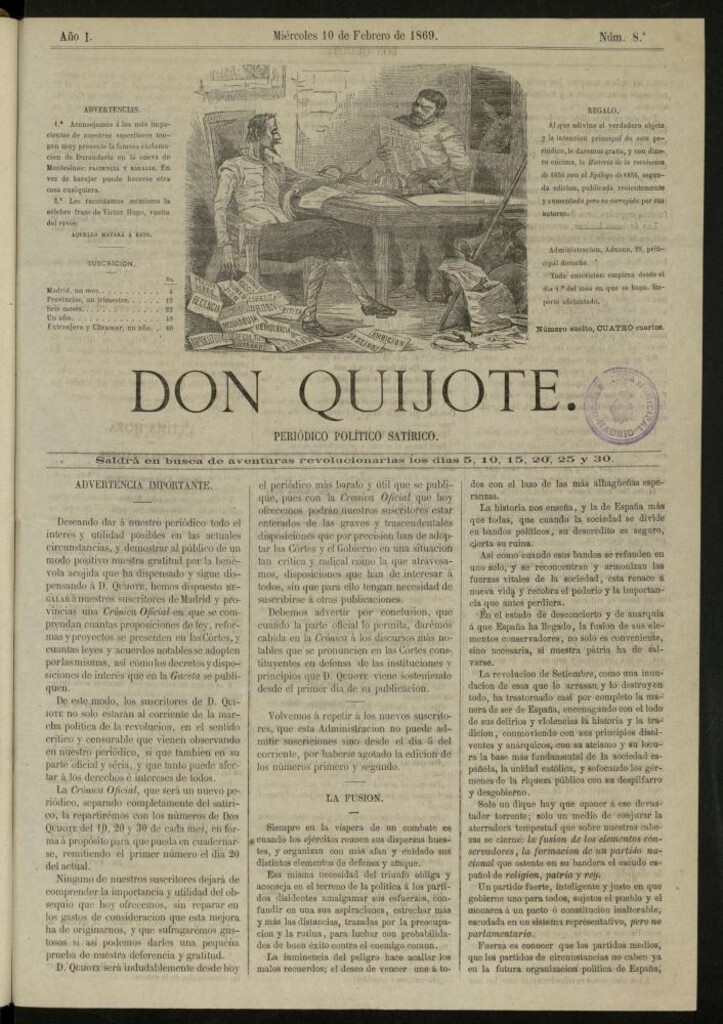 Miniatura de Don Quijote : periódico político satírico del 10 de febrero de 1869, nº 8
