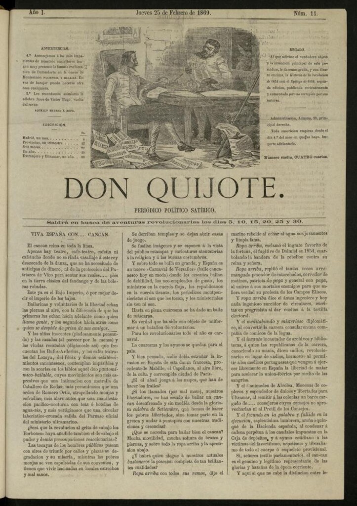 Miniatura de Don Quijote : periódico político satírico del 25 de febrero de 1869, nº 11