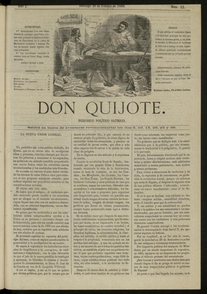 Miniatura de Don Quijote : periódico político satírico del 28 de febrero de 1869, nº 12