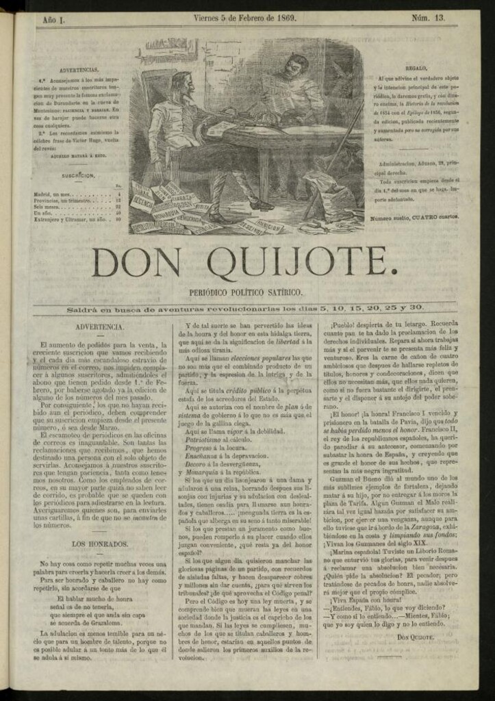Miniatura de Don Quijote : periódico político satírico del 5 de febrero [sic] de 1869, nº 13