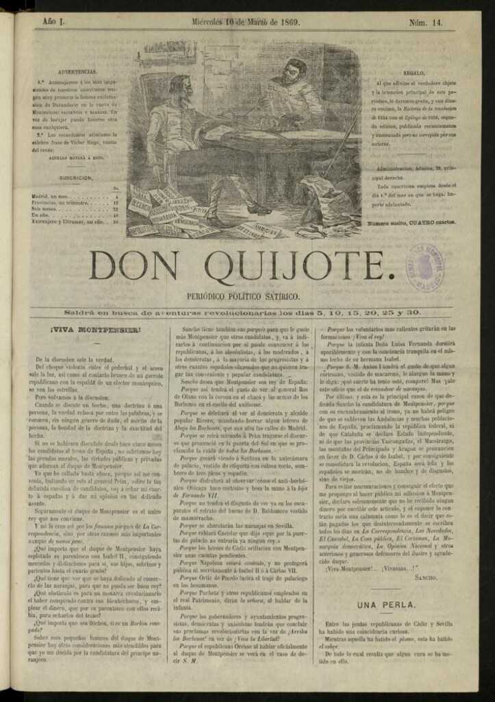 Miniatura de Don Quijote : periódico político satírico del 10 de marzo de 1869, nº 14