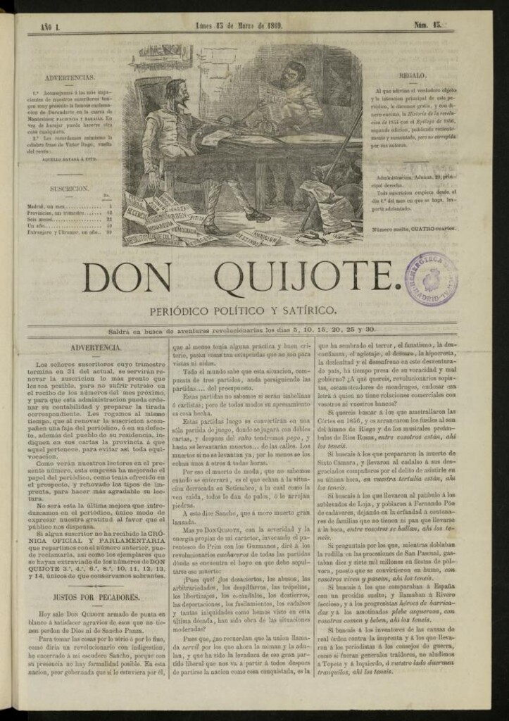 Miniatura de Don Quijote : periódico político satírico del 15 de marzo de 1869, nº 15