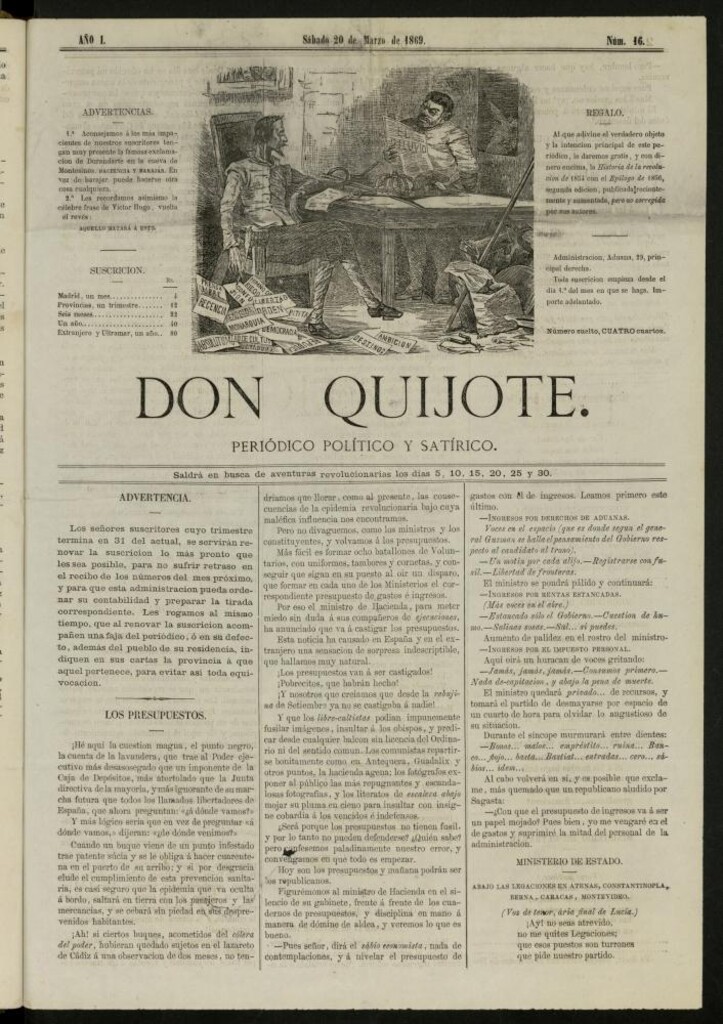 Miniatura de Don Quijote : periódico político satírico del 20 de marzo de 1869, nº 16
