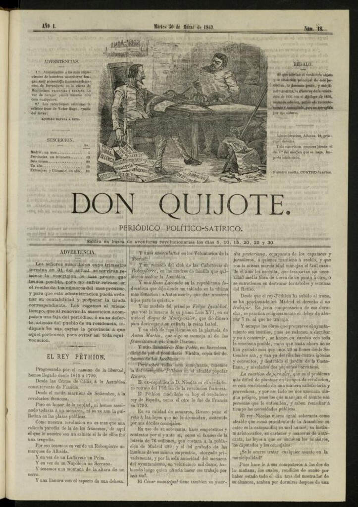 Miniatura de Don Quijote : periódico político satírico del 30 de marzo de 1869, nº 18