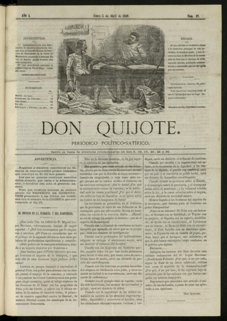 Miniatura de Don Quijote : periódico político satírico del 5 de abril de 1869, nº 19