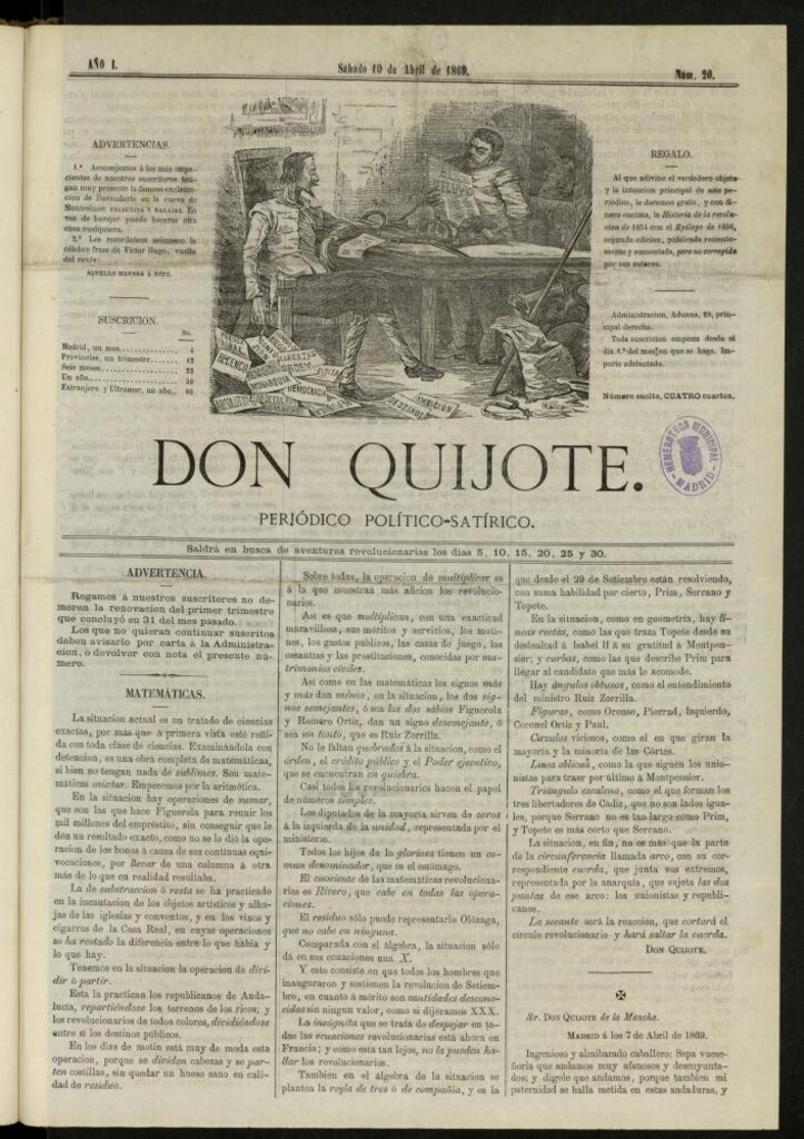 Miniatura de Don Quijote : periódico político satírico del 10 de abril de 1869, nº 20