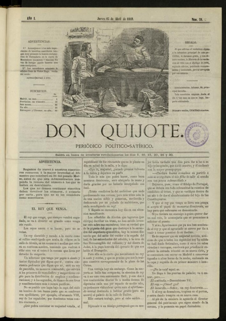 Miniatura de Don Quijote : periódico político satírico del 15 de abril de 1869, nº 21
