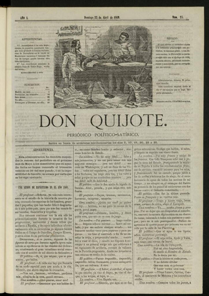 Miniatura de Don Quijote : periódico político satírico del 25 de abril de 1869, nº 23