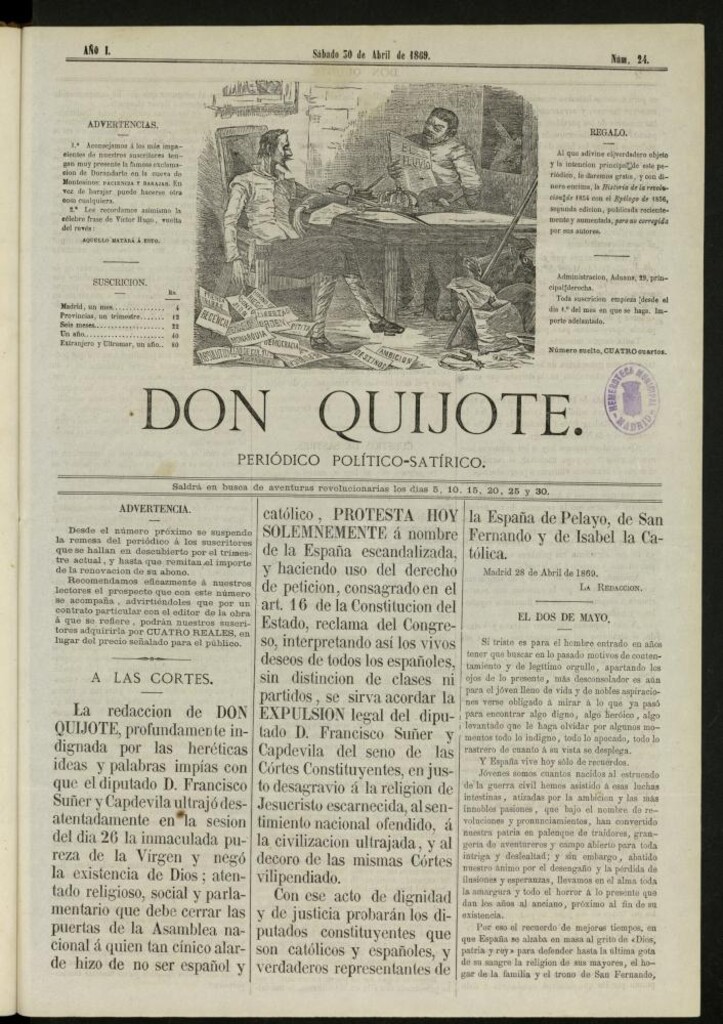 Miniatura de Don Quijote : periódico político satírico del 30 de abril de 1869, nº 24